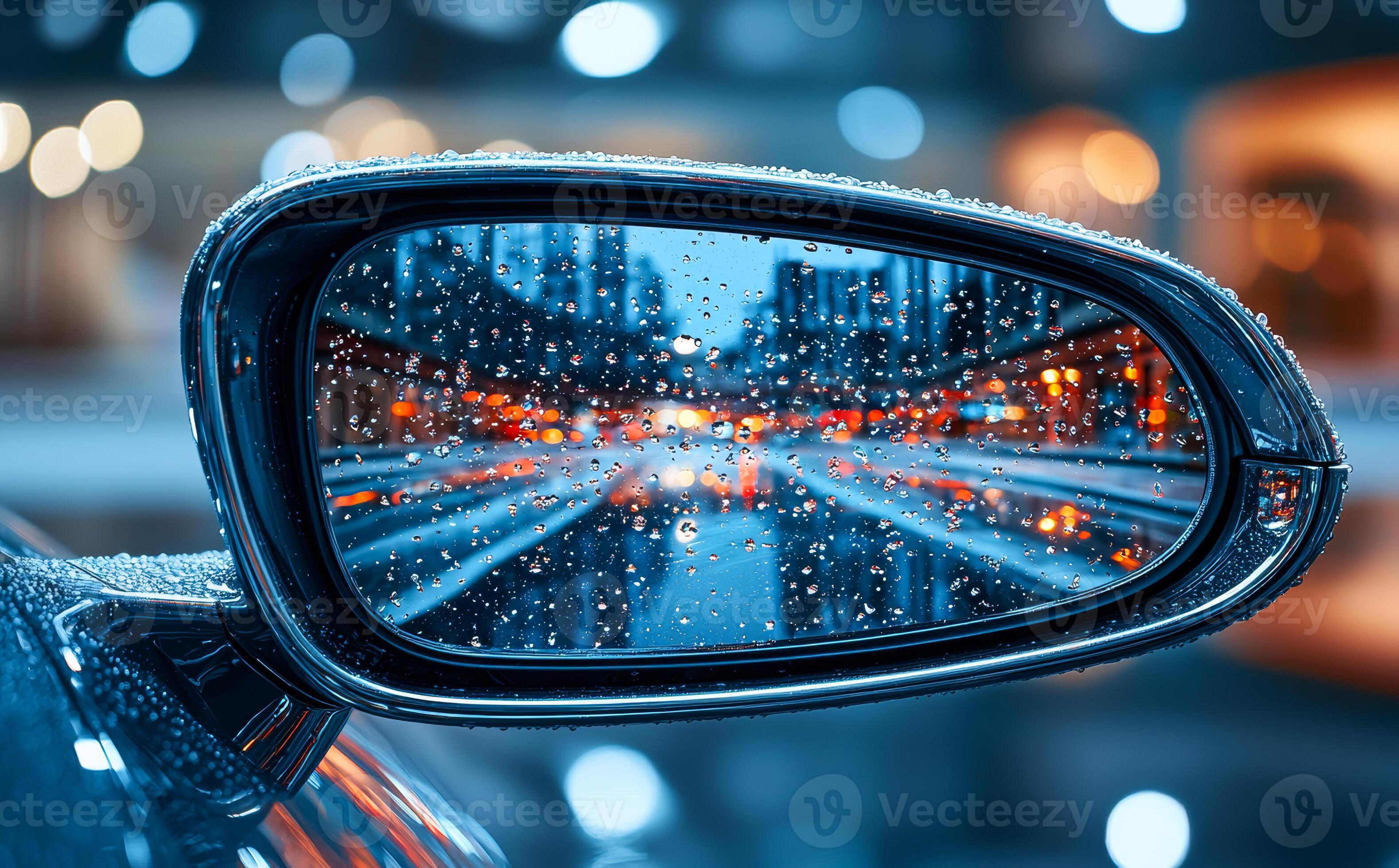 A rain-speckled car side mirror reflecting blurred city traffic lights at dusk.
